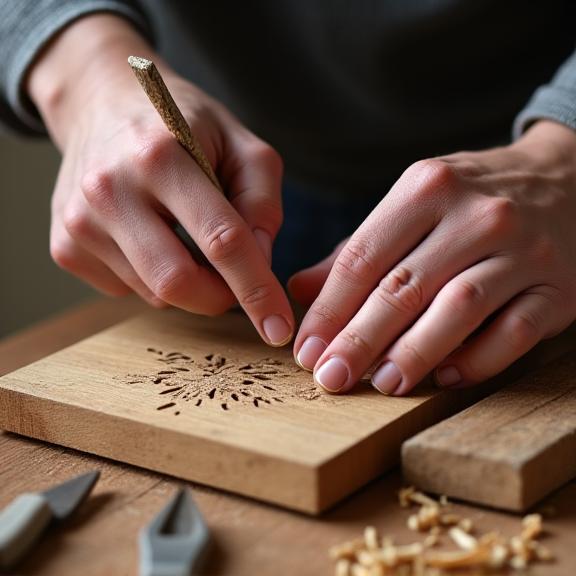장인이 정교하게 나무를 다듬는 손 클로즈업