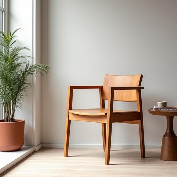 현대적인 인테리어에 놓인 클래식한 디자인의 원목 의자