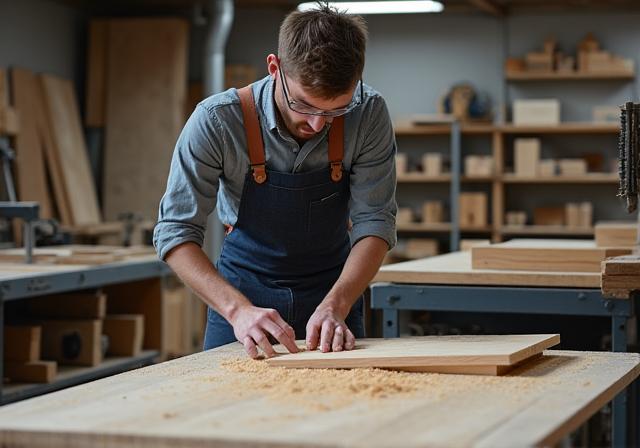 공방에서 목수가 나무를 정밀하게 재단하는 모습