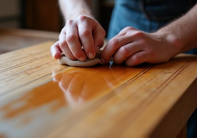 장인이 원목 테이블 표면에 오일을 바르는 클로즈업 사진