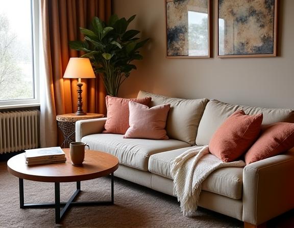 가구와 소품으로 조화롭게 스타일링된 거실